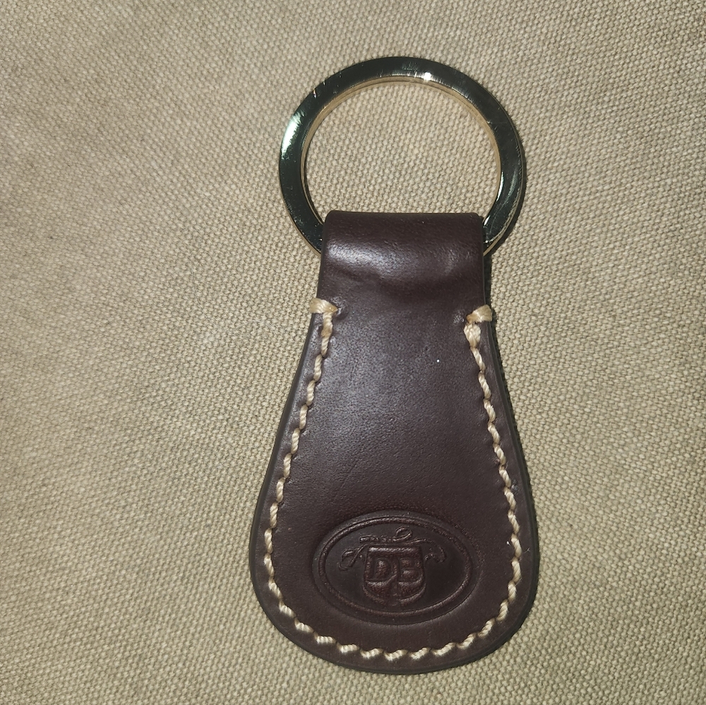 Dooney And Bourke Leather DB Key Fob Purse Charm Chocolate Brown Cream Stitching